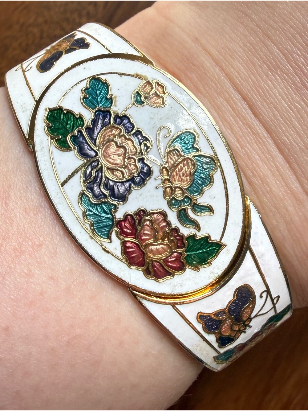 Vintage Butterfly Clamper White Enamel Bracelet with Multicolor Floral Cloisonné